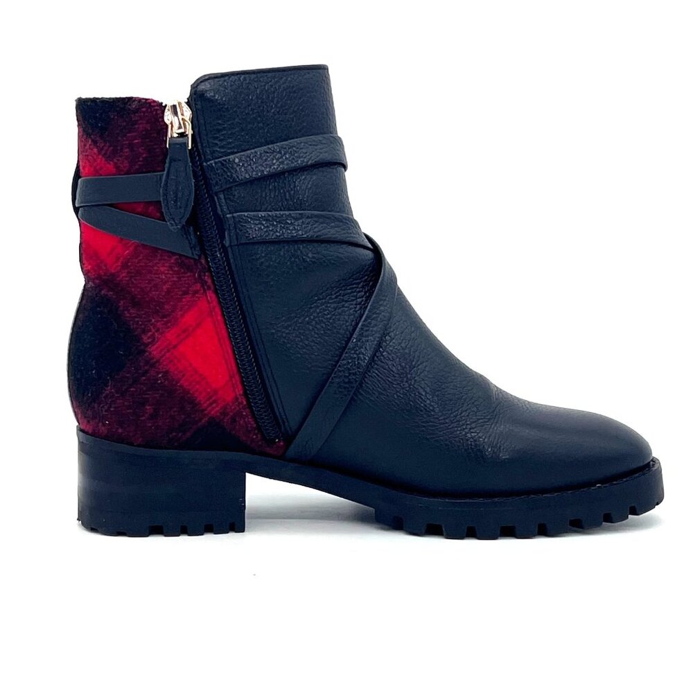 Talbots Black Leather Ankle Boots Womens Size 5M Red Plaid Accent Zip & Buckle - Picture 11 of 14